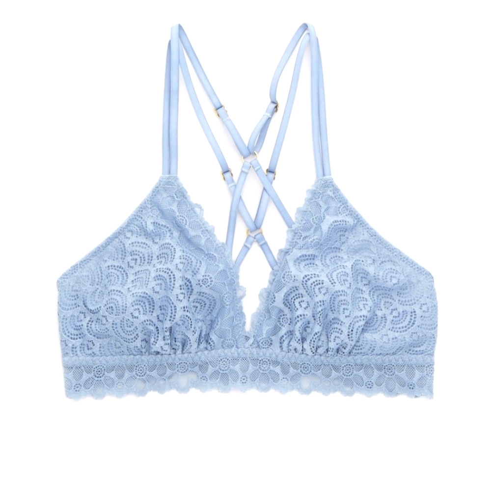 NEW aerie | Triangle 4 Strap Strappy Bralette Lace Floral Plunge Bra Blue Gold M - Picture 3 of 14